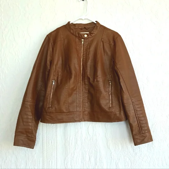 A.nd Tan Leather Moto Jacket Brown Cropped Biker Classic Heavy Cool Zippers Larg - Picture 10 of 10